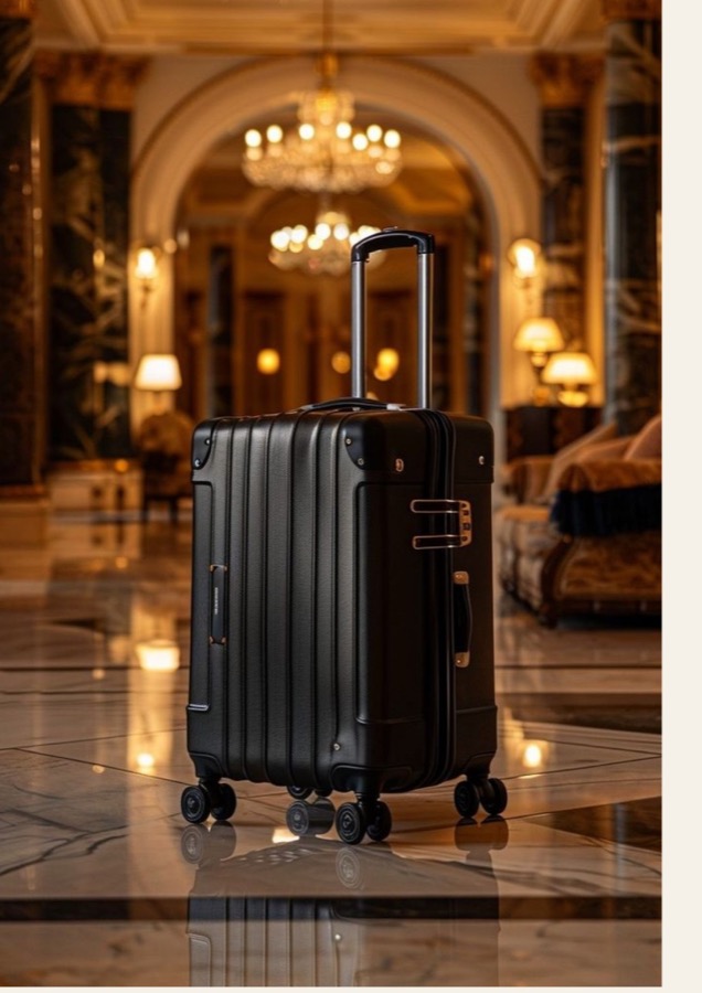 A black suitcase in a grand hotel lobby