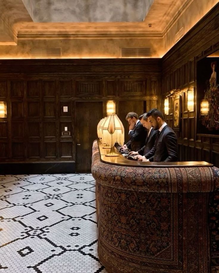 A warm hotel lobby desk
